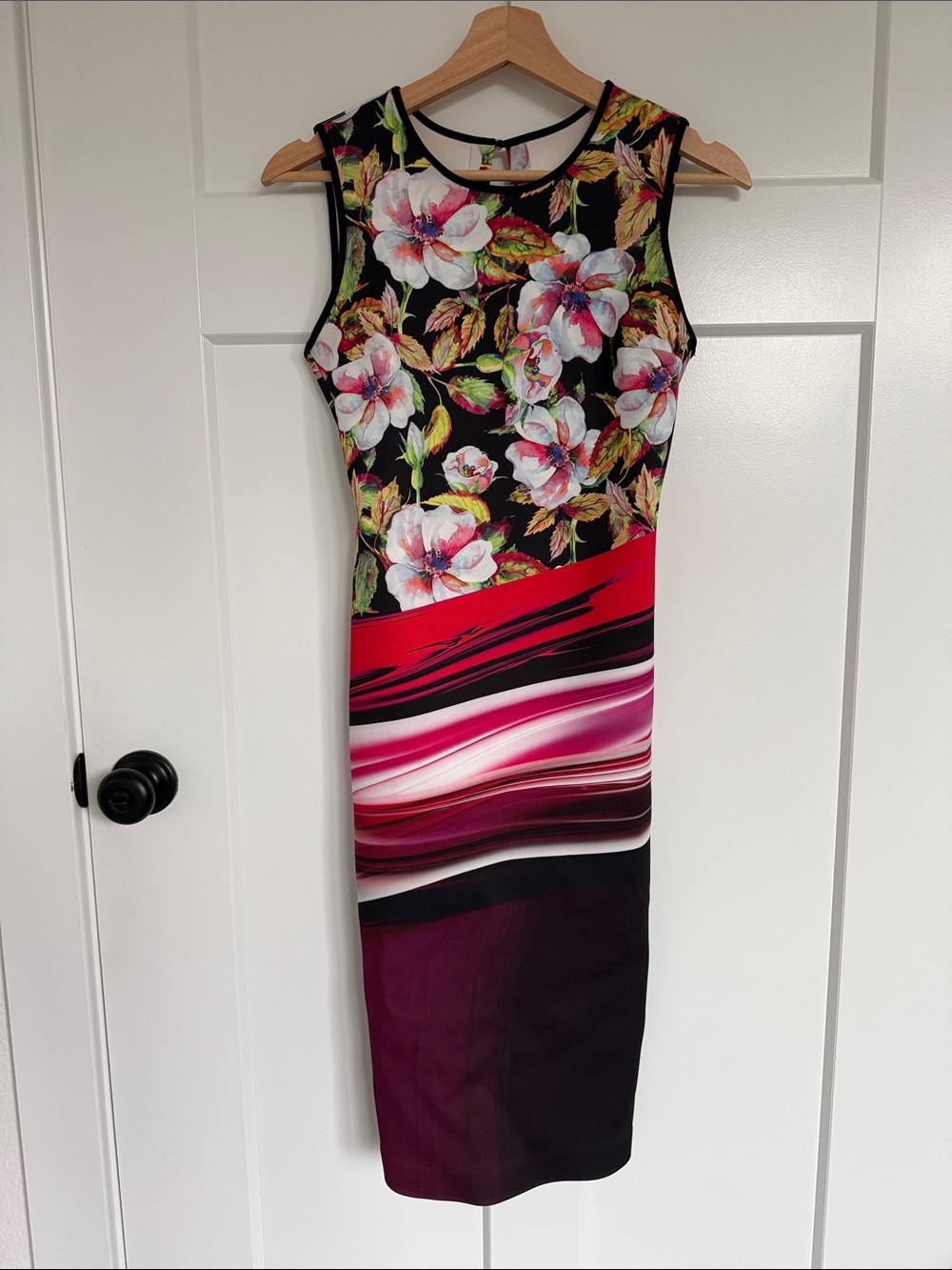 Clover Canyon Neoprene Open Back Floral Sheath with Red and Pink Wave Stripe